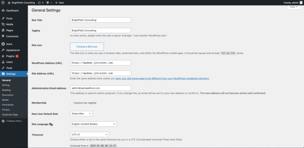 WordPress General Settings screen for a new website, showing fields for site title, tagline, URLs, admin email, language, and timezone.
