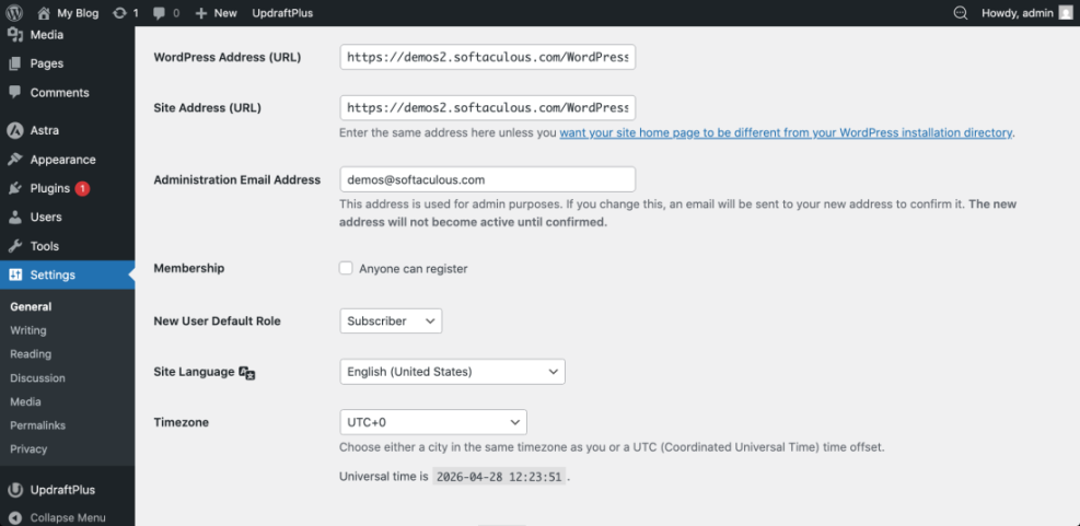 WordPress General Settings for a demo site, showing site and WordPress URLs, admin email, membership, and timezone configuration.