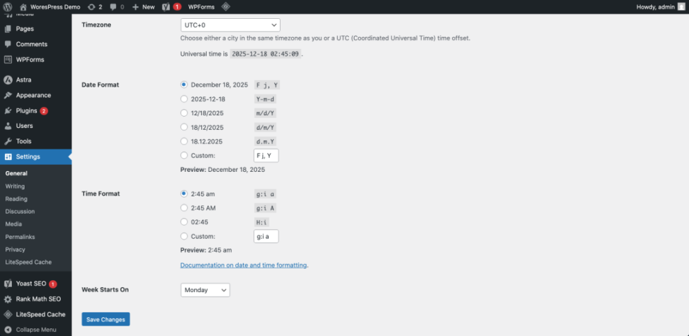 WordPress General Settings for configuring date, time, timezone, and week start day, essential when building a website.