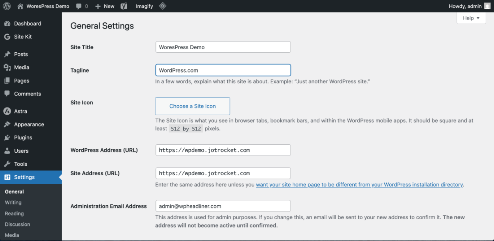 WordPress General Settings dashboard screen displaying the Site Title and Tagline fields, important for configuring your website's title tags.