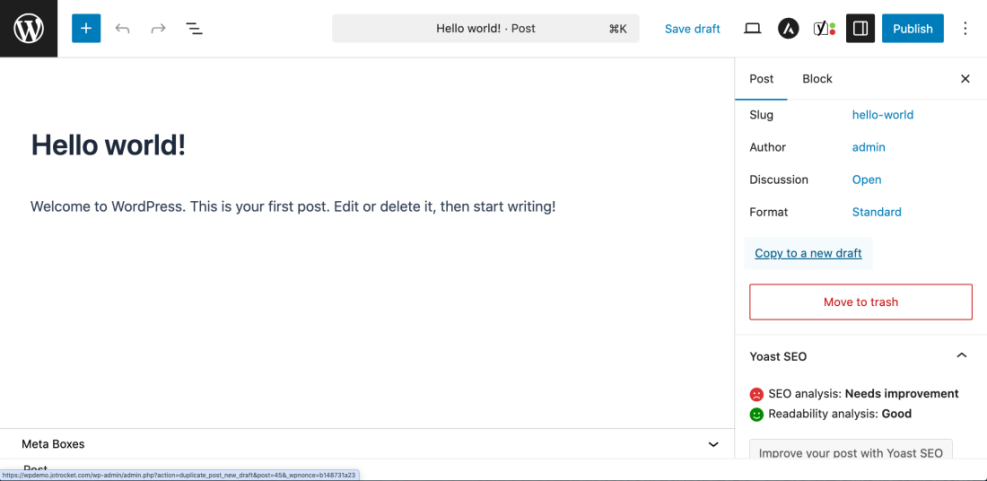 WordPress Gutenberg editor for a 'Hello world!' post, highlighting the 'Copy to a new draft' button for duplicating a post easily.