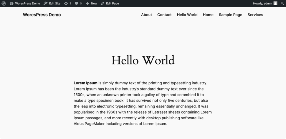 Default WordPress 'Hello World' page demonstrating a fresh installation's interface, navigation menu, and content, useful for beginners learning WordPress.