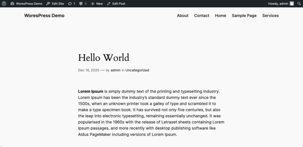Screenshot of a default WordPress 'Hello World' post, showing the basic front-end view for users learning WordPress.