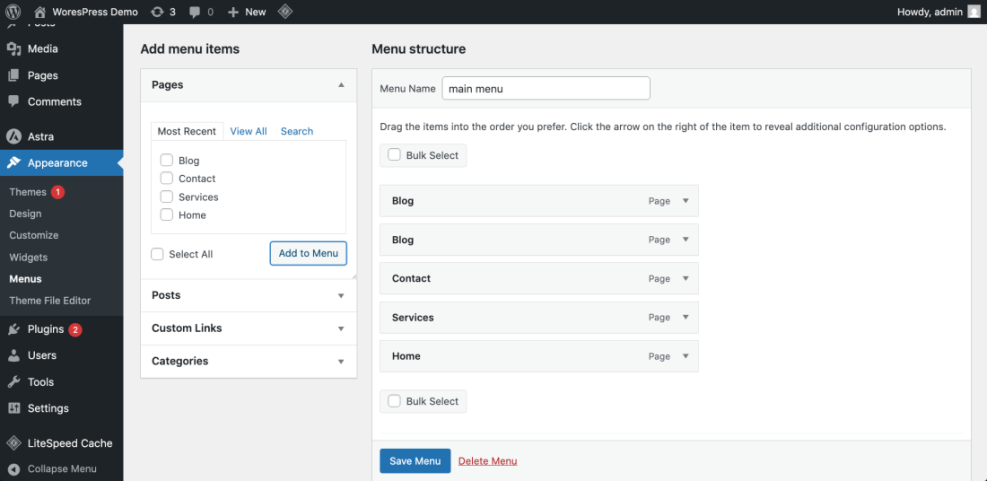 WordPress menu editor displaying the 'main menu' structure for pages like Blog, Contact, Services, and Home, essential for how to hide a page in WordPress from site navigation.