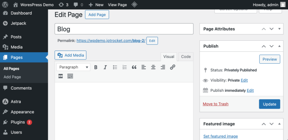 WordPress Edit Page screen showing the 'Publish' meta box with 'Visibility: Private' selected to hide a page from public view.
