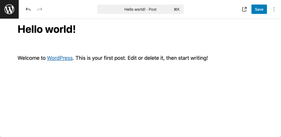 Screenshot of the WordPress block editor with a 'Hello world!' post, clearly showing the blue 'Save' button, demonstrating how to save content in WordPress.