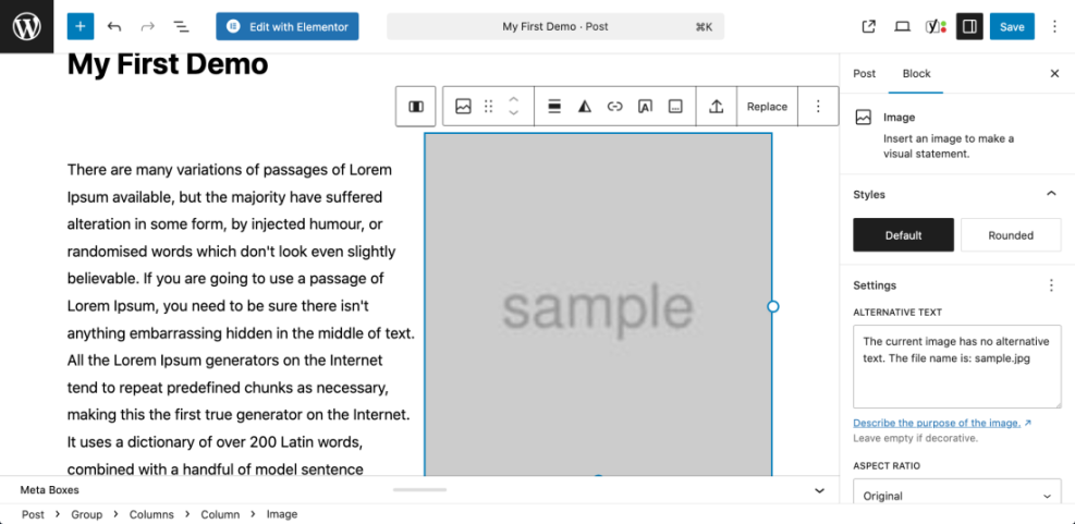 WordPress Gutenberg editor showing image block settings to add alternative text, crucial for website keywords and SEO.