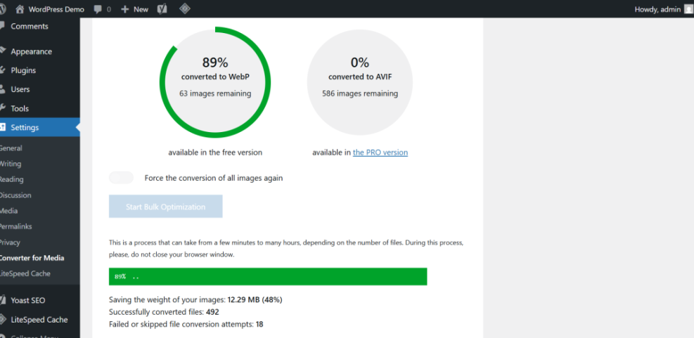 WordPress image optimization progress showing 89% of images converted to WebP using the Converter for Media plugin, saving 12.29 MB.