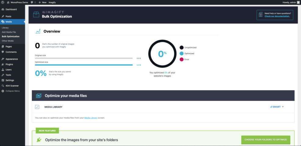 WordPress Imagify plugin bulk image optimization dashboard showing 0% optimized images and options to optimize media library or site folders.