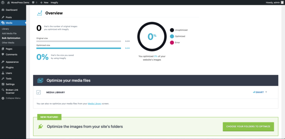 WordPress Imagify bulk optimization plugin dashboard showing 0% optimized images, used to speed up website performance.