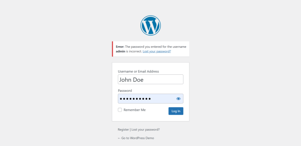 WordPress login screen displaying an 'incorrect password' error for the 'admin' username. Learn how to login to your WordPress site.