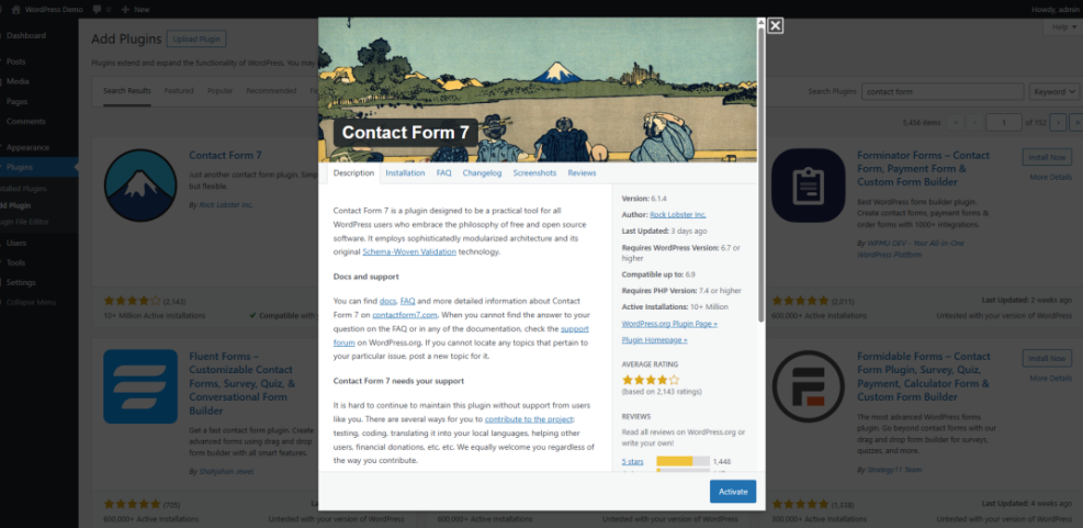WordPress Add Plugins screen showing Contact Form 7 plugin details and the 'Activate' button, demonstrating how to install a plugin.