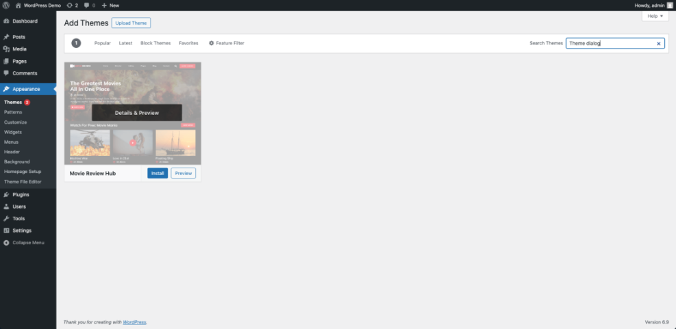 WordPress dashboard showing the 'Add Themes' screen with the 'Movie Review Hub' theme displayed, ready for installation.
