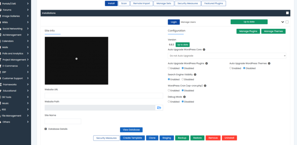 WordPress installation dashboard with backup, restore, staging, and security settings, including auto-upgrade options for core, plugins, and themes, ideal for WooCommerce stores.