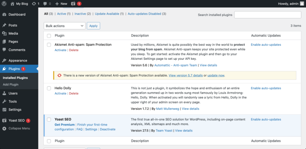 WordPress dashboard showing installed plugins, highlighting Yoast SEO, crucial for managing a blog editorial calendar.