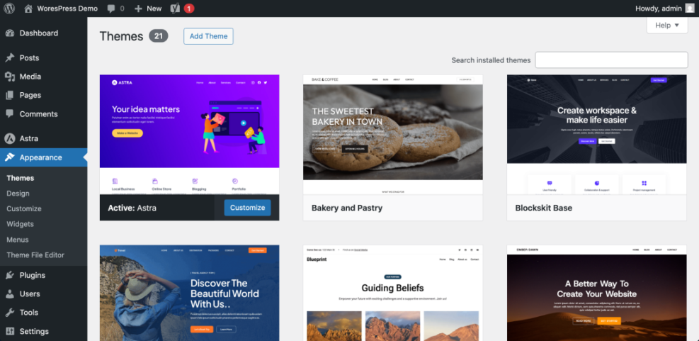 WordPress admin dashboard displaying the Themes section, highlighting active theme Astra and options to add or search themes.