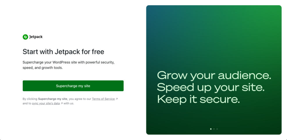 WordPress Jetpack plugin signup page highlighting features like powerful security, site speed optimization, and audience growth tools.