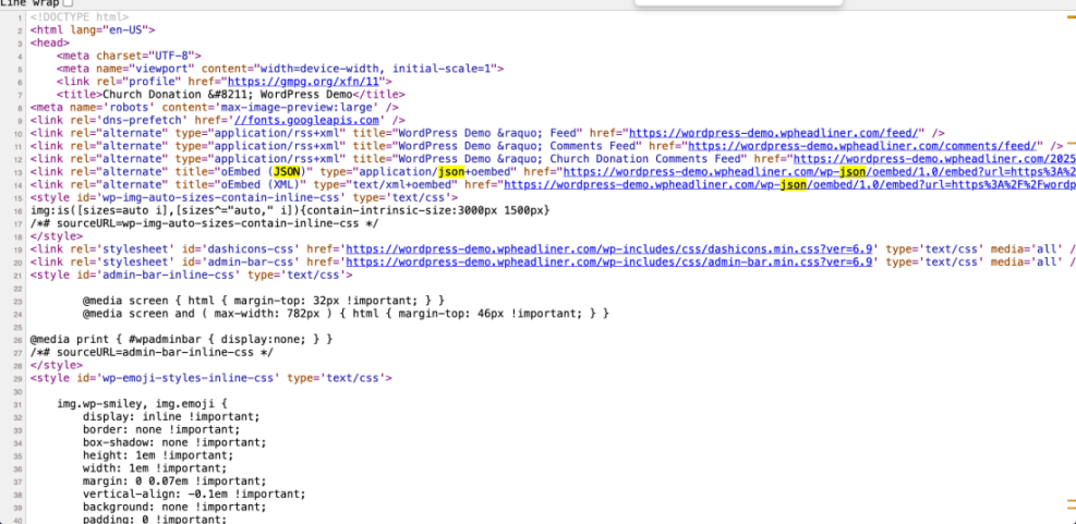 Screenshot of WordPress site's HTML head section, highlighting JSON oEmbed links and various stylesheet declarations.