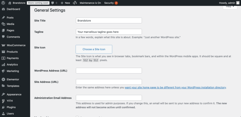 WordPress General Settings page showing the 'Site Title' and 'Tagline' fields for adding keywords, crucial for website SEO.