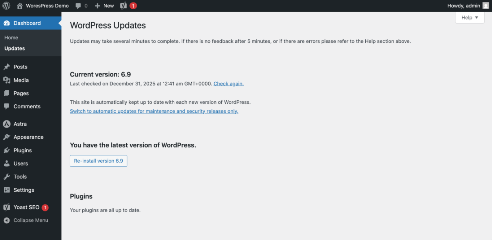 WordPress Updates screen showing current version 6.9, confirming the site runs the latest version, demonstrating how to check what is the latest version of WordPress.
