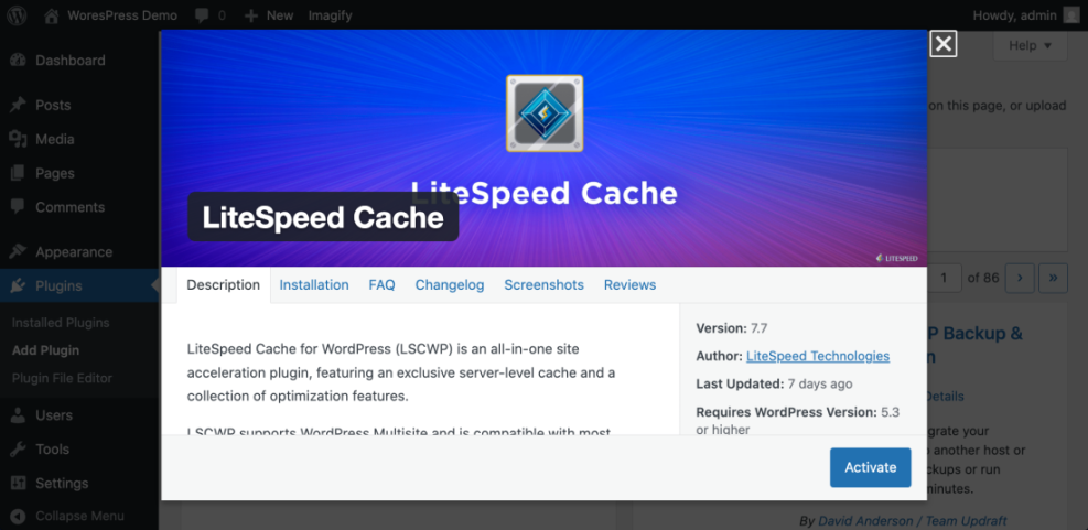WordPress dashboard displaying LiteSpeed Cache plugin installation details for speed optimization.