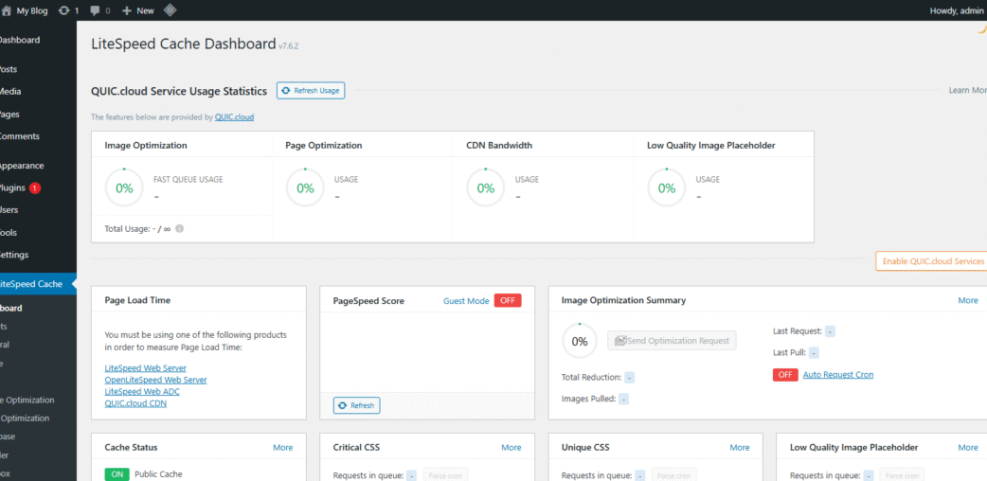 LiteSpeed Cache dashboard for WordPress, displaying QUIC.cloud service usage statistics, image optimization, and PageSpeed score.