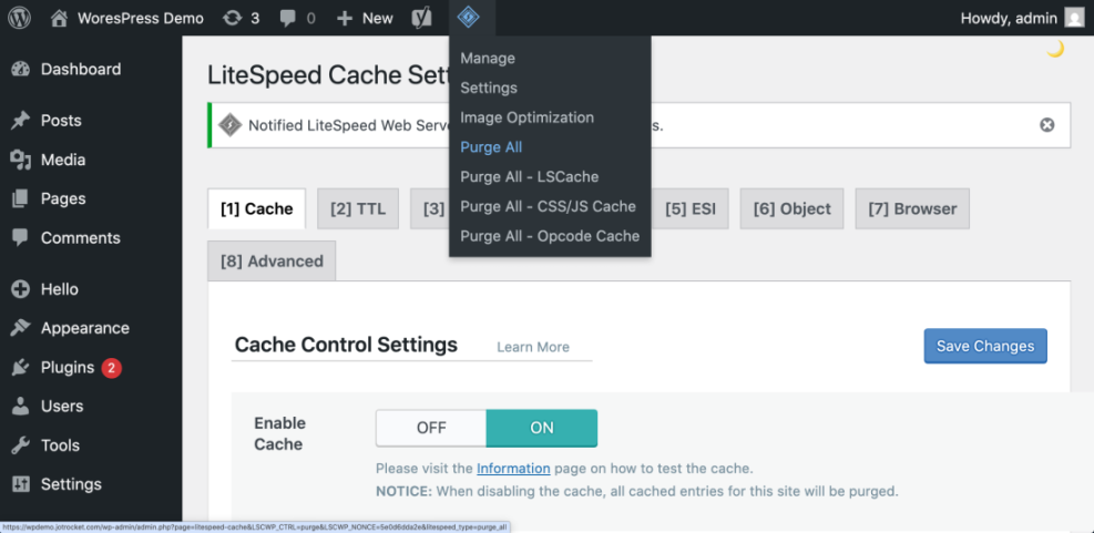 WordPress LiteSpeed Cache plugin dashboard showing the 'Purge All' option highlighted in the top menu for clearing site cache.