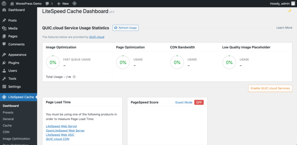 WordPress LiteSpeed Cache dashboard displaying QUIC.cloud service usage statistics for image optimization, page optimization, and CDN bandwidth.