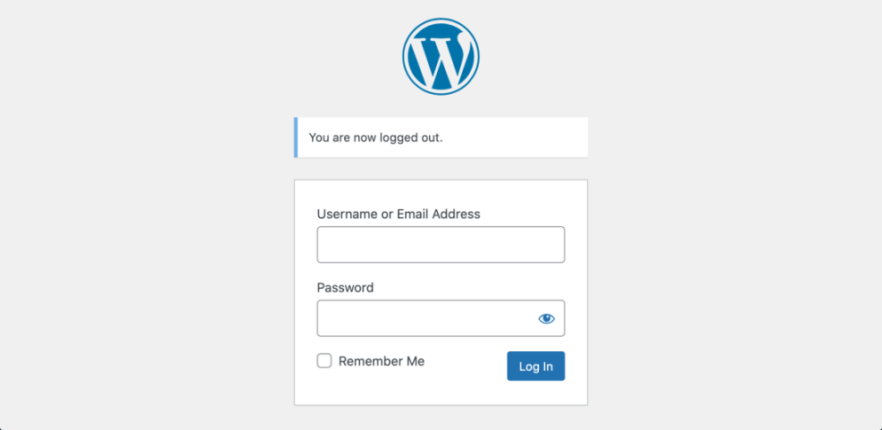 WordPress login screen after logging out, showing username and password fields, a 'Remember Me' checkbox, and the 'Log In' button.