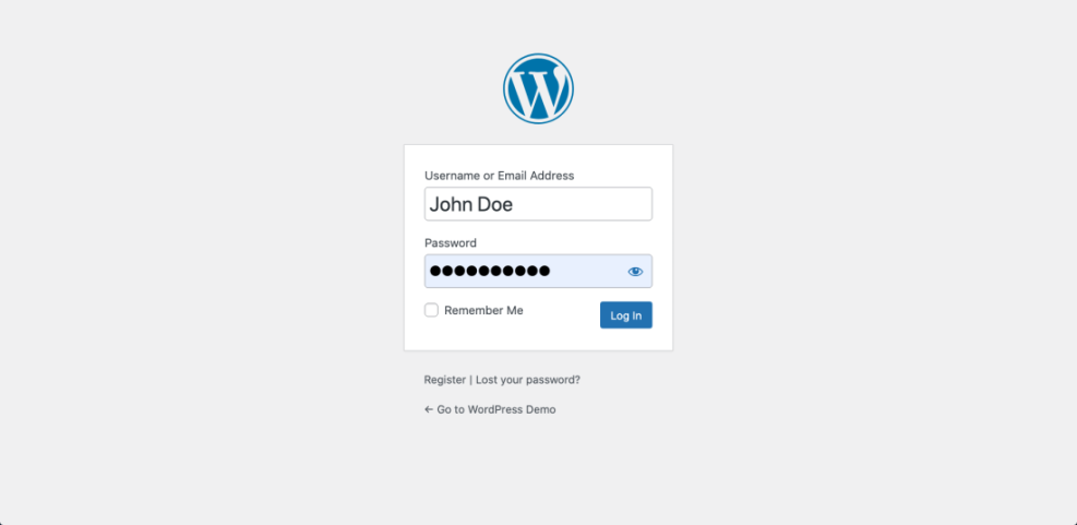 WordPress login screen showing username and password fields with a 'Log In' button, demonstrating the accessible first step for using WordPress.