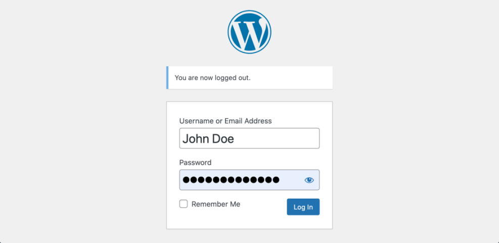 WordPress login screen showing a user logged out, with username 'John Doe' and password fields ready for re-entry.