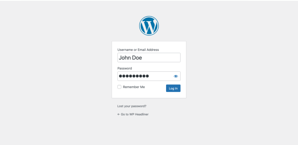 WordPress login screen displaying username and password fields, 'Remember Me' checkbox, and 'Log In' button to access the admin area.