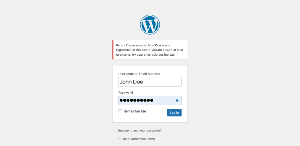 WordPress login page displaying a 'username not registered' error message, illustrating a failed attempt to log in to WordPress.