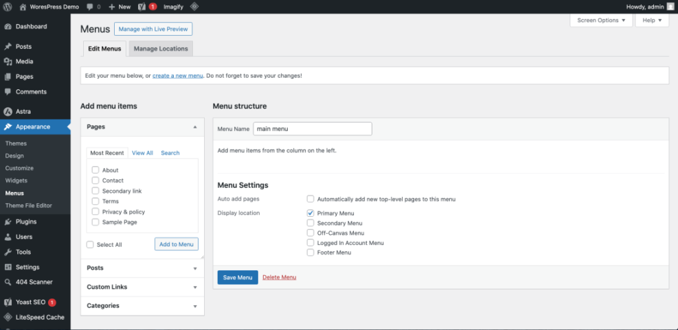 WordPress menus admin screen demonstrating how to edit the 'main menu' for site navigation, showing pages to add and primary menu assignment.