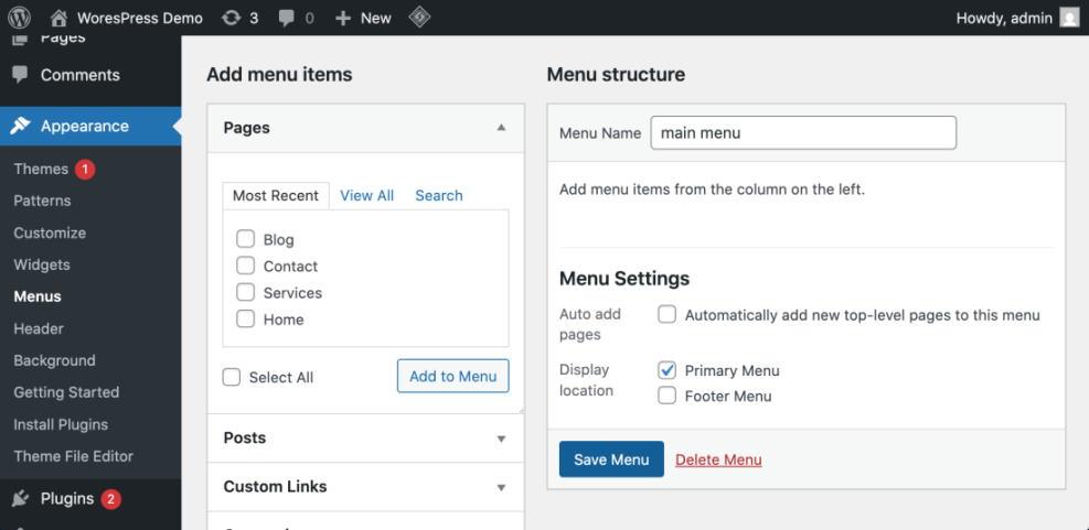 WordPress main menu settings showing how to add pages like Blog and Contact, and assign it as the Primary Menu for your blog.
