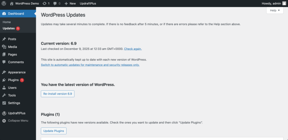 WordPress updates dashboard for version 6.9, showing core is up-to-date and one plugin requires an update, illustrating easy maintenance.