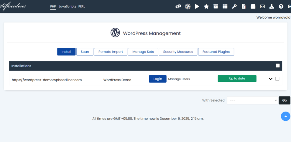 Softaculous WordPress Management interface showing a 'Login' button for a WordPress installation at wordpress-demo.wpheadliner.com.