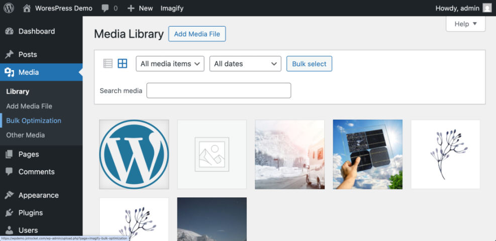 WordPress Media Library showing 'Bulk Optimization' selected, vital for optimizing images and improving WordPress site speed.
