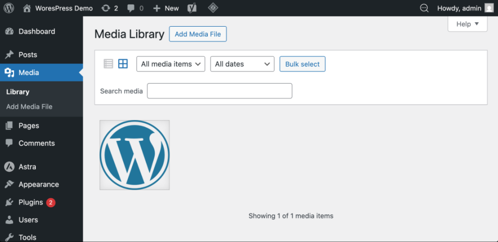 Screenshot of the WordPress Media Library showing the default WordPress logo, where images and other media are managed.
