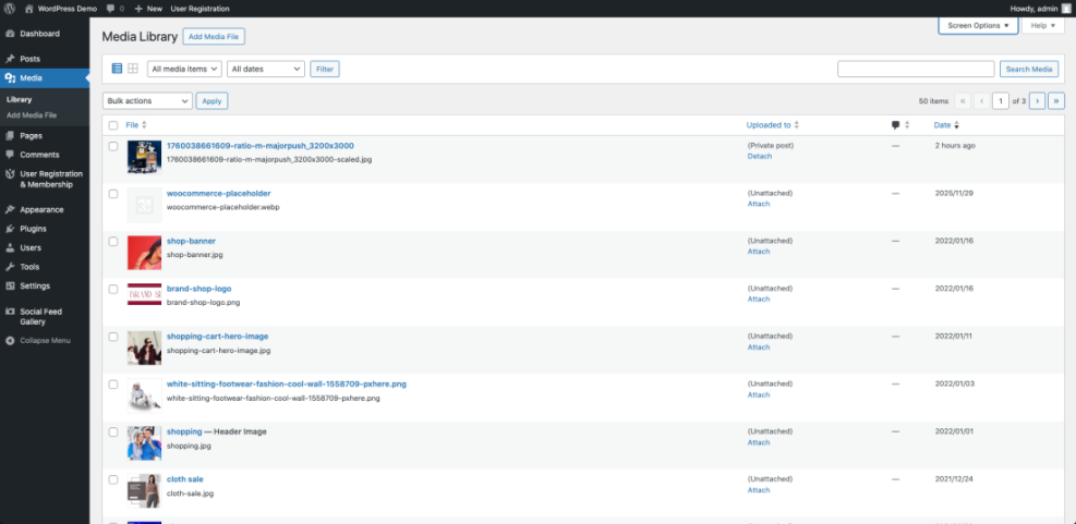 WordPress Media Library dashboard screenshot displaying a list of uploaded images, files, and their attachment status.