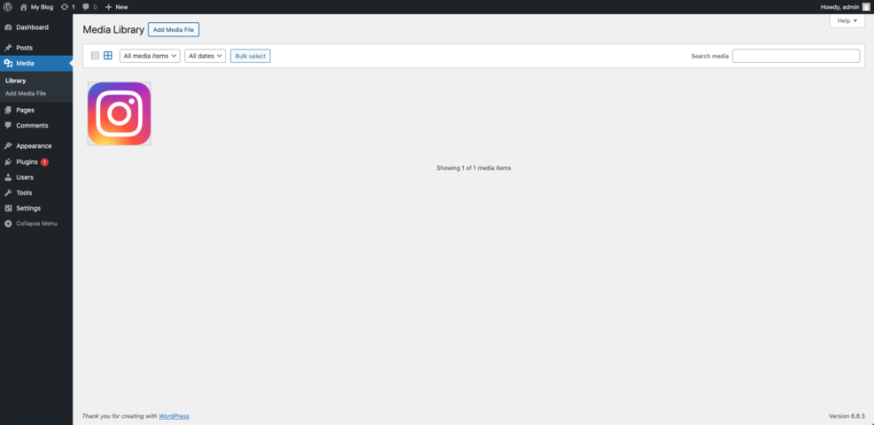 WordPress Media Library interface displaying an Instagram logo, illustrating the upload process for changing a site logo.