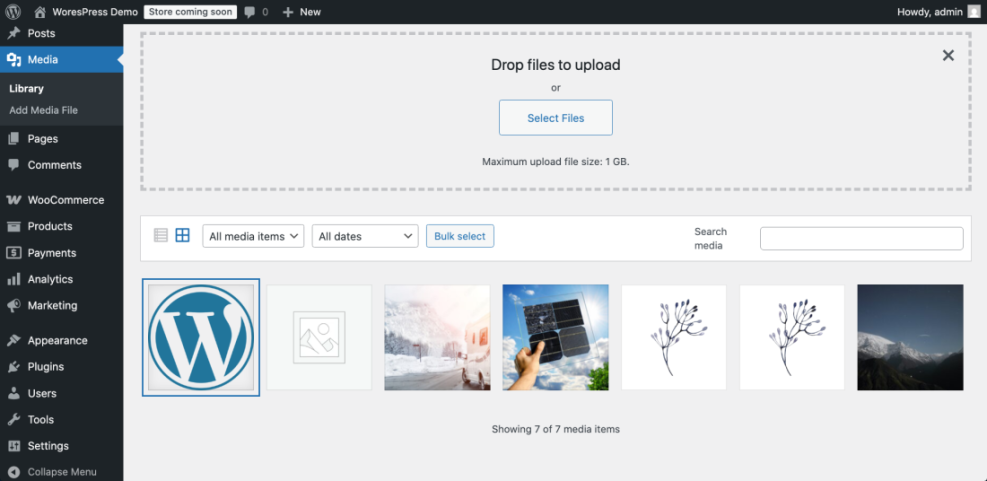 WordPress Media Library upload screen showing the drag-and-drop area and 'Select Files' button, perfect for adding your new favicon.