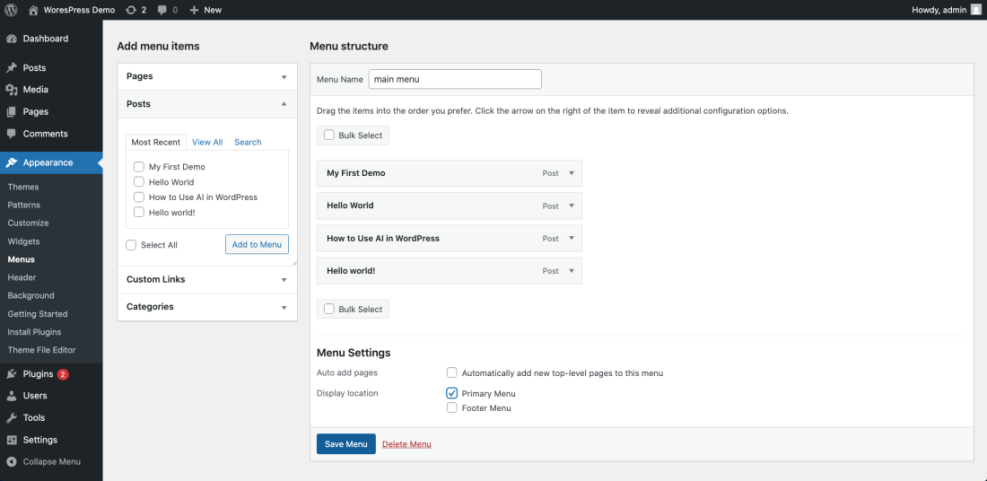 WordPress admin panel displaying the 'Menus' section, illustrating how to add existing posts as internal links to the primary navigation menu.