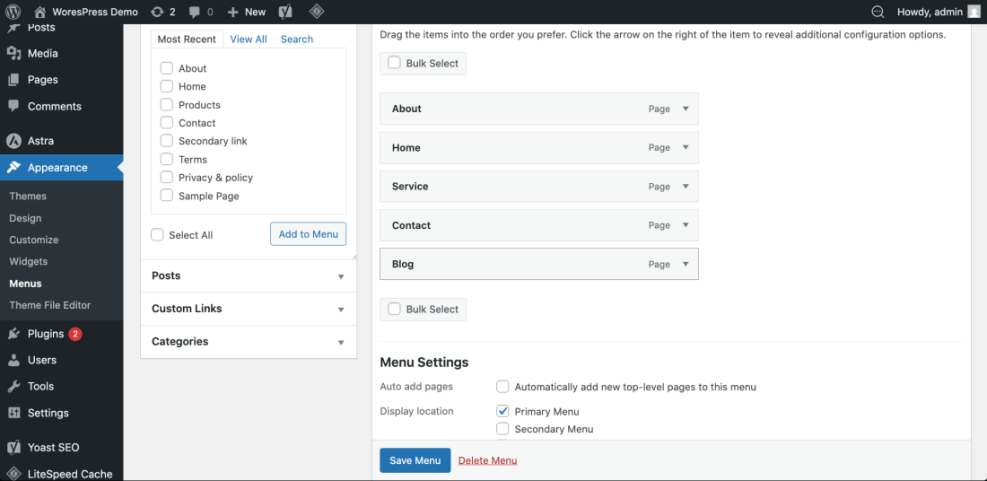 WordPress menu settings interface showing how to create and manage website navigation with pages like About, Home, Service, Contact, and Blog.
