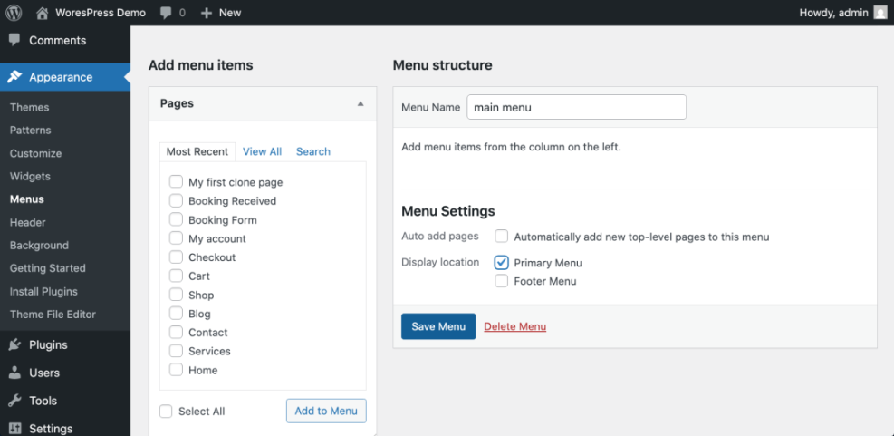WordPress 'Menus' dashboard, showing pages to add to the "main menu" and setting its display location as "Primary Menu".