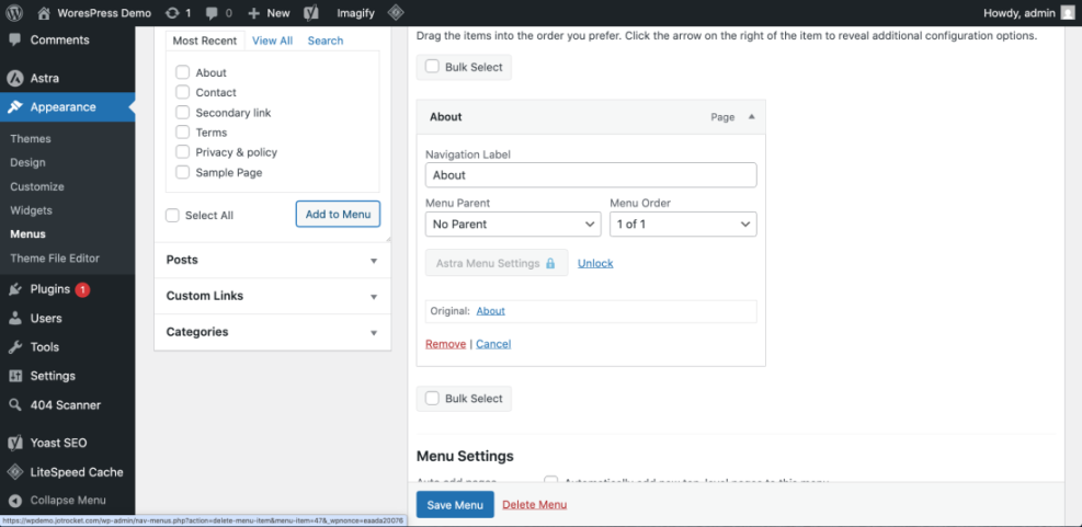 WordPress Menus screen showing an expanded 'About' page item with the 'Remove' link, illustrating how to remove a page from the site's navigation.