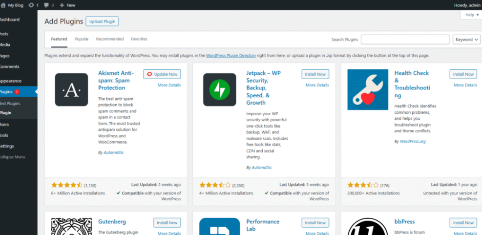 WordPress dashboard Add Plugins screen, showing available plugins like Akismet and Jetpack for installation or updates during migration.