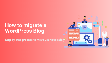 Illustration of a WordPress blog migration process with individuals managing code, settings, and tools, representing a step-by-step guide.