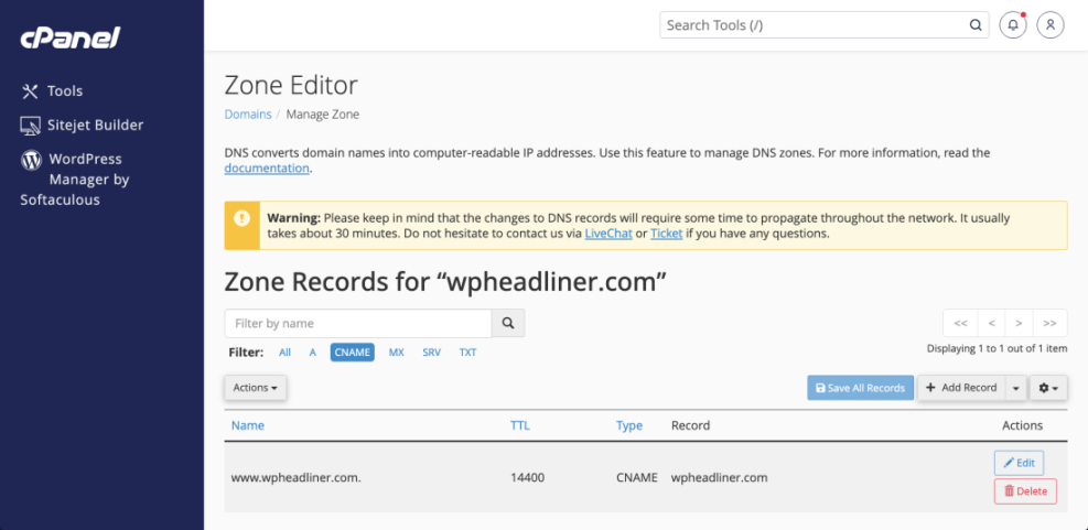 cPanel Zone Editor displaying DNS CNAME records for wpheadliner.com, a critical step for how to move a WordPress site to a new host.