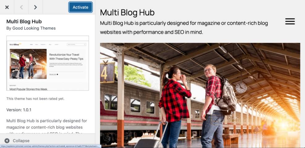 Screenshot of the WordPress theme selection page showcasing the 'Multi Blog Hub' theme, ready for activation to start a WordPress blog.